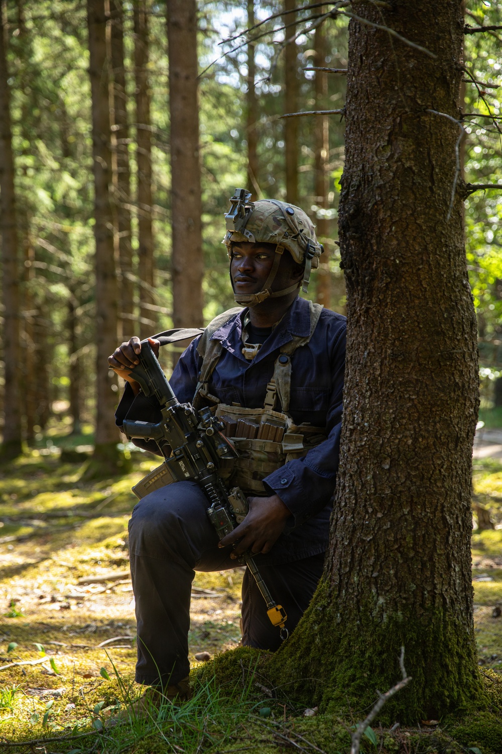 A soldier in tactical gear is positioned against a tree trunk in a sunlit forest, holding an assault rifle and scanning to his left. He is wearing a multicam tactical helmet with a night-vision mount, a plate carrier vest with magazine pouches, and a dark blue uniform. The setting appears to be a military training exercise or field operation in a coniferous woodland environment.