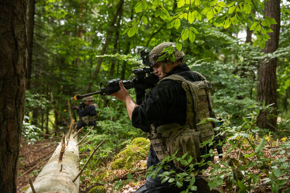 Two armed individuals in tactical military gear are positioned in a dense forest environment, using a fallen log as cover. The foreground figure is actively aiming a rifle equipped with optics and accessories, while a second figure is visible in the background in a similar posture. The setting and equipment suggest a military training exercise or tactical operation in a woodland environment.