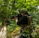 Two armed individuals in tactical military gear are positioned in a dense forest environment, using a fallen log as cover. The foreground figure is actively aiming a rifle equipped with optics and accessories, while a second figure is visible in the background in a similar posture. The setting and equipment suggest a military training exercise or tactical operation in a woodland environment.