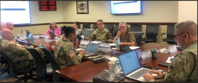 A formal military conference room meeting with a mix of uniformed military personnel and civilian attendees seated around a large wooden conference table. Multiple participants have laptops open and name placards are visible in front of several seats. Two wall-mounted monitors and a dual-timezone digital clock display are visible in the background.