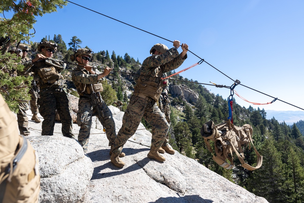 A group of military personnel in camouflage uniforms are conducting a mountain warfare or rope systems training exercise on a rocky outcrop. They are operating what appears to be a tyrolean traverse or aerial ropeway system, with a military backpack/rucksack suspended and being transported along the cable. The setting is a high-elevation forested mountain environment under clear blue skies.