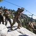 A group of military personnel in camouflage uniforms are conducting a mountain warfare or rope systems training exercise on a rocky outcrop. They are operating what appears to be a tyrolean traverse or aerial ropeway system, with a military backpack/rucksack suspended and being transported along the cable. The setting is a high-elevation forested mountain environment under clear blue skies.