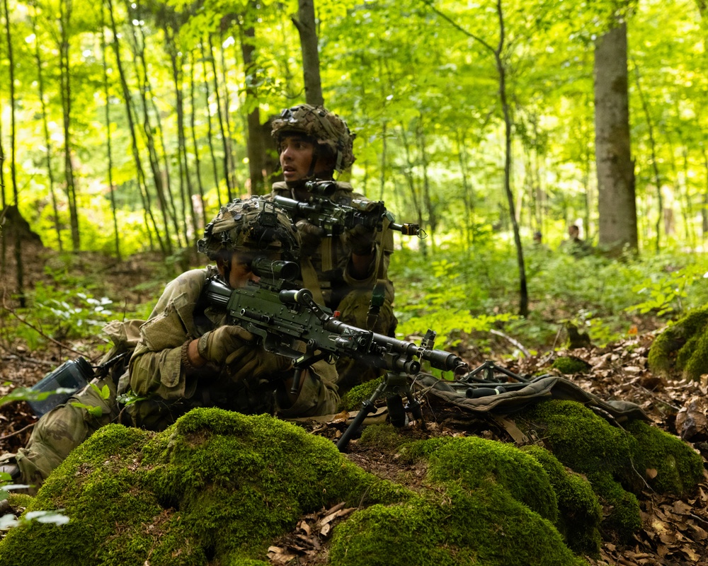 Two soldiers in full combat gear are positioned in a deciduous forest, taking up a defensive or observation posture behind moss-covered rocks. The foreground soldier is prone with a light machine gun mounted on a bipod, while the second soldier kneels behind in an alert, scanning posture. The setting and equipment suggest a military training exercise in a temperate European forest environment.