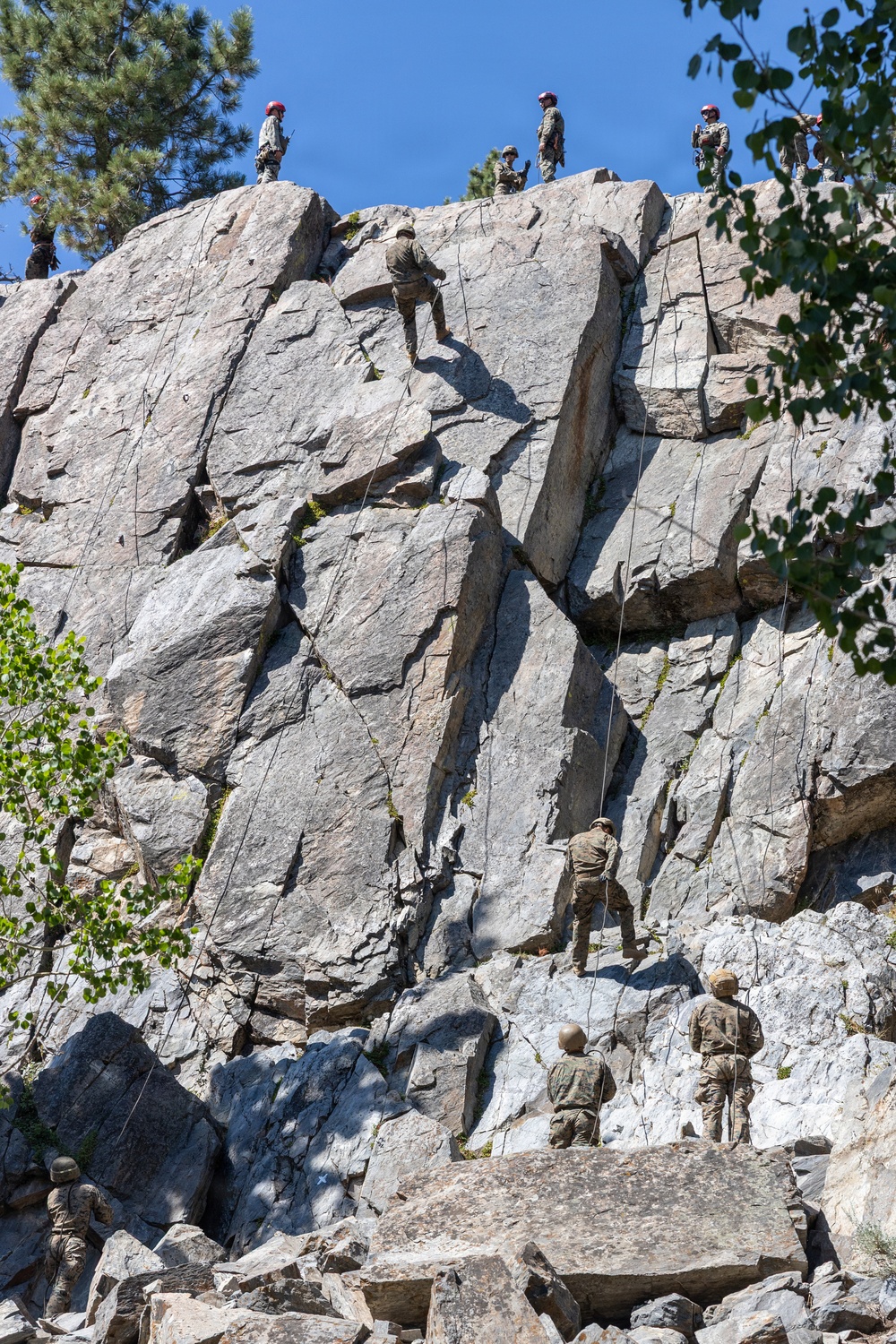 A group of military personnel in camouflage uniforms are conducting a rock climbing and rappelling training exercise on a large granite cliff face. Multiple individuals are positioned at various heights on the rock wall, with some at the summit acting as anchors or instructors, while others ascend or descend using ropes. The setting appears to be a mountainous, forested environment under clear blue skies.