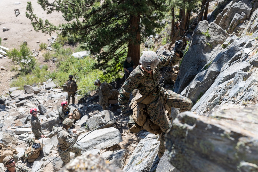 Military personnel in camouflage uniforms are conducting a rope-assisted rock climbing or rappelling training exercise on a rocky cliff face. Multiple soldiers are visible at various stages of the climb, with some on the rocks and others observing or managing ropes at the base. The setting appears to be a mountainous, forested training area during daylight hours.