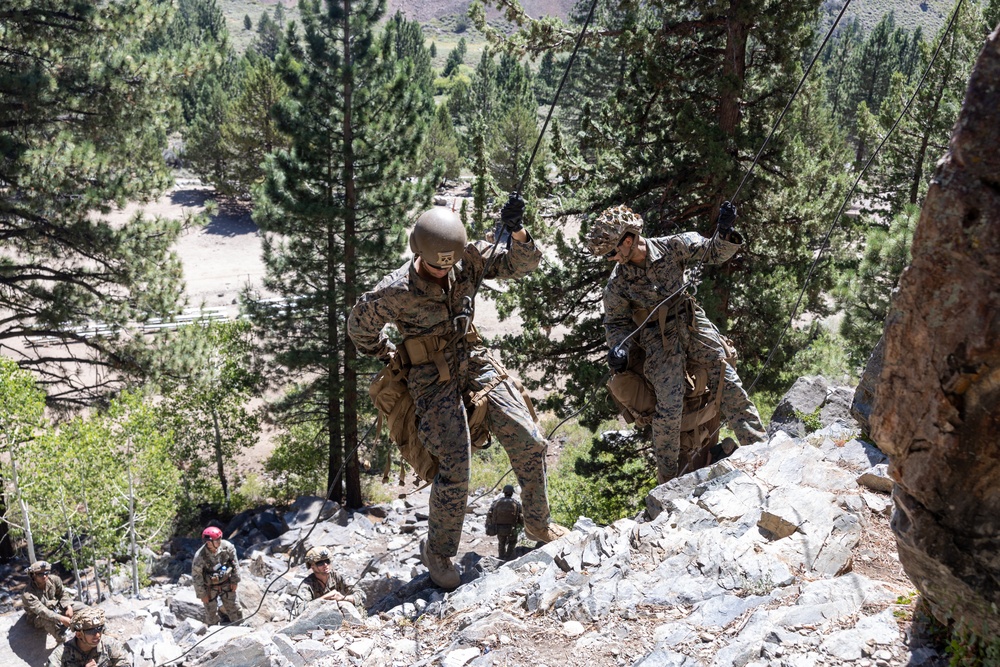 Military personnel in camouflage uniforms are conducting rappelling or climbing training on a rocky cliff face in a mountainous, forested environment. Two soldiers in the foreground are actively descending or traversing the rock face using ropes and harnesses, while additional personnel are visible at the base of the cliff. The setting appears to be a structured military mountain warfare or combat training exercise.