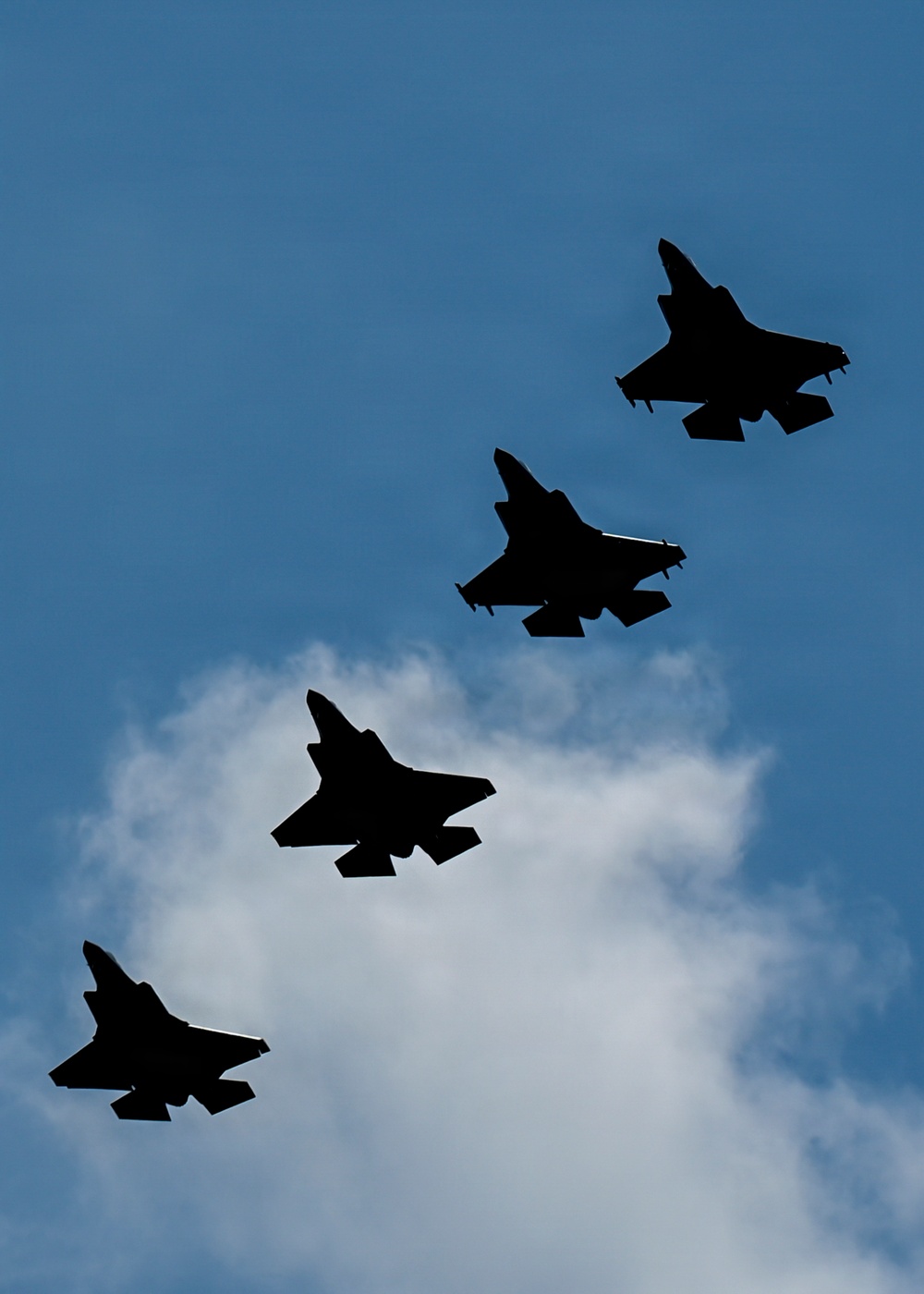 Four military jet aircraft are captured in silhouette flying in a diagonal echelon formation against a blue sky with partial cloud cover. The aircraft are rendered entirely in dark silhouette, photographed from below. Their distinctive delta-wing and twin-tail profiles are consistent with fifth-generation stealth fighter designs.