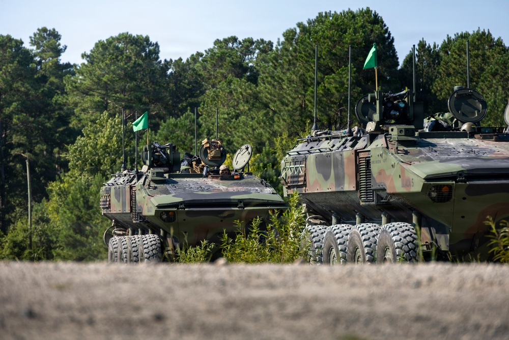 The image shows two wheeled armored military vehicles in woodland camouflage pattern positioned side by side in an open field or training area. Both vehicles are equipped with green signal flags, antennas, and various mounted equipment on their turrets. The setting appears to be a military exercise or training operation, with dense pine forest visible in the background.
