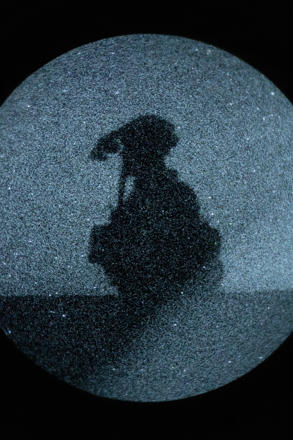 The image shows a dark silhouette of a human figure cast onto a large spherical object with a grainy, glittery teal-gray surface. The sphere is set against a completely black background, creating a stark contrast. The silhouette appears to depict a person, possibly holding an object or wearing a hat, rendered as a shadow projection on the sphere's surface.