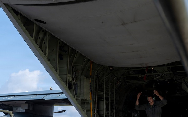 KC130J Super Hercules lands, resupplies at Jose Aponte
