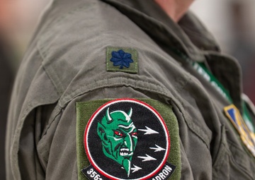 The image shows a close-up of a military flight suit sleeve bearing a squadron patch and rank insignia. The patch identifies the wearer as a member of the 356th Fighter Squadron, featuring a green devil mascot on a black circular background. A Lieutenant Colonel oak leaf cluster rank insignia is visible above the squadron patch.