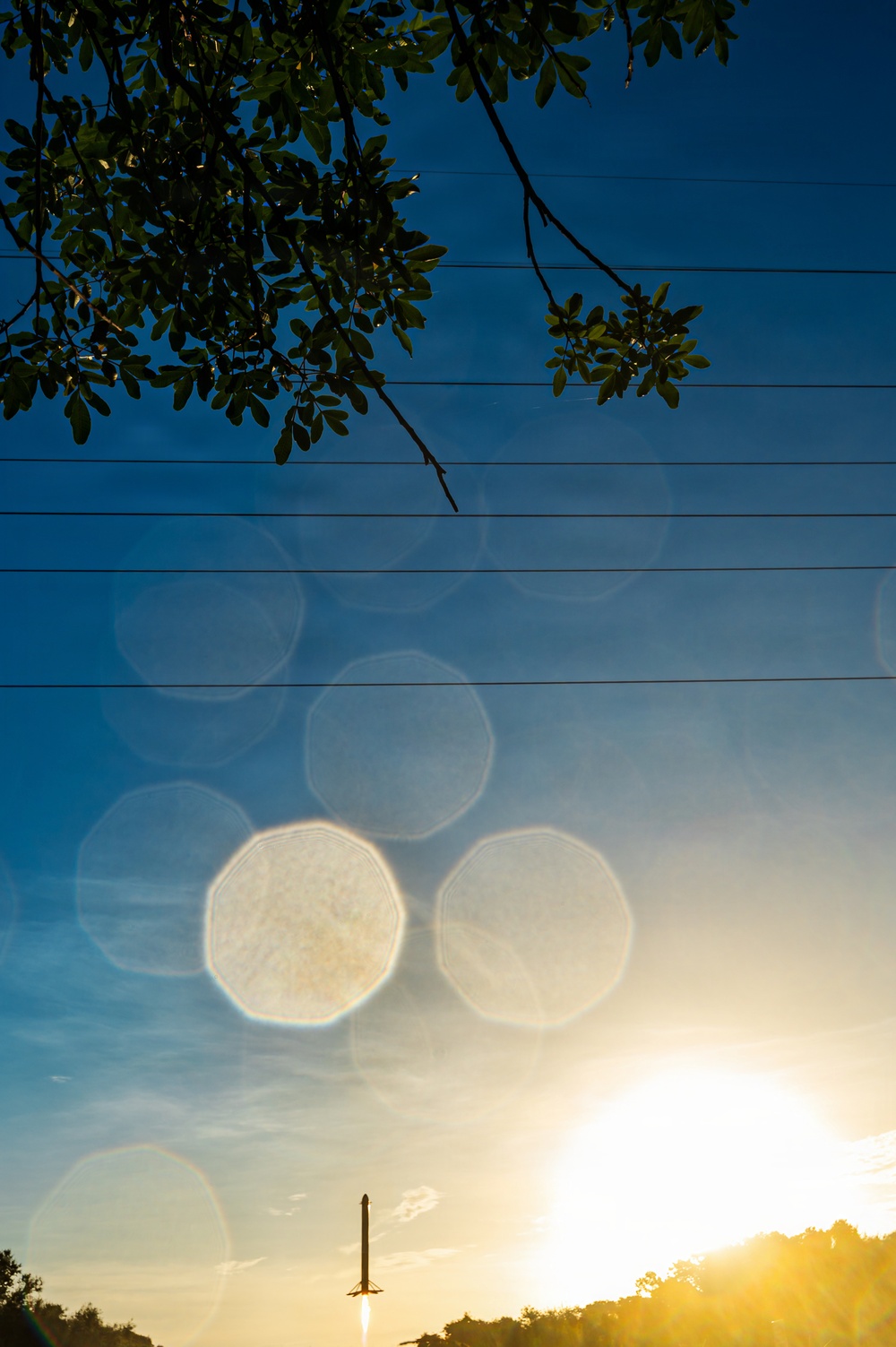 An outdoor photograph taken looking upward toward a blue sky during golden hour or sunset, with tree branches and leaves visible in the upper left corner. The image features prominent lens flare artifacts appearing as multiple large octagonal bokeh shapes caused by direct sunlight entering the camera lens. A silhouetted structure, possibly a utility pole or antenna, is visible near the bottom center against the bright horizon.