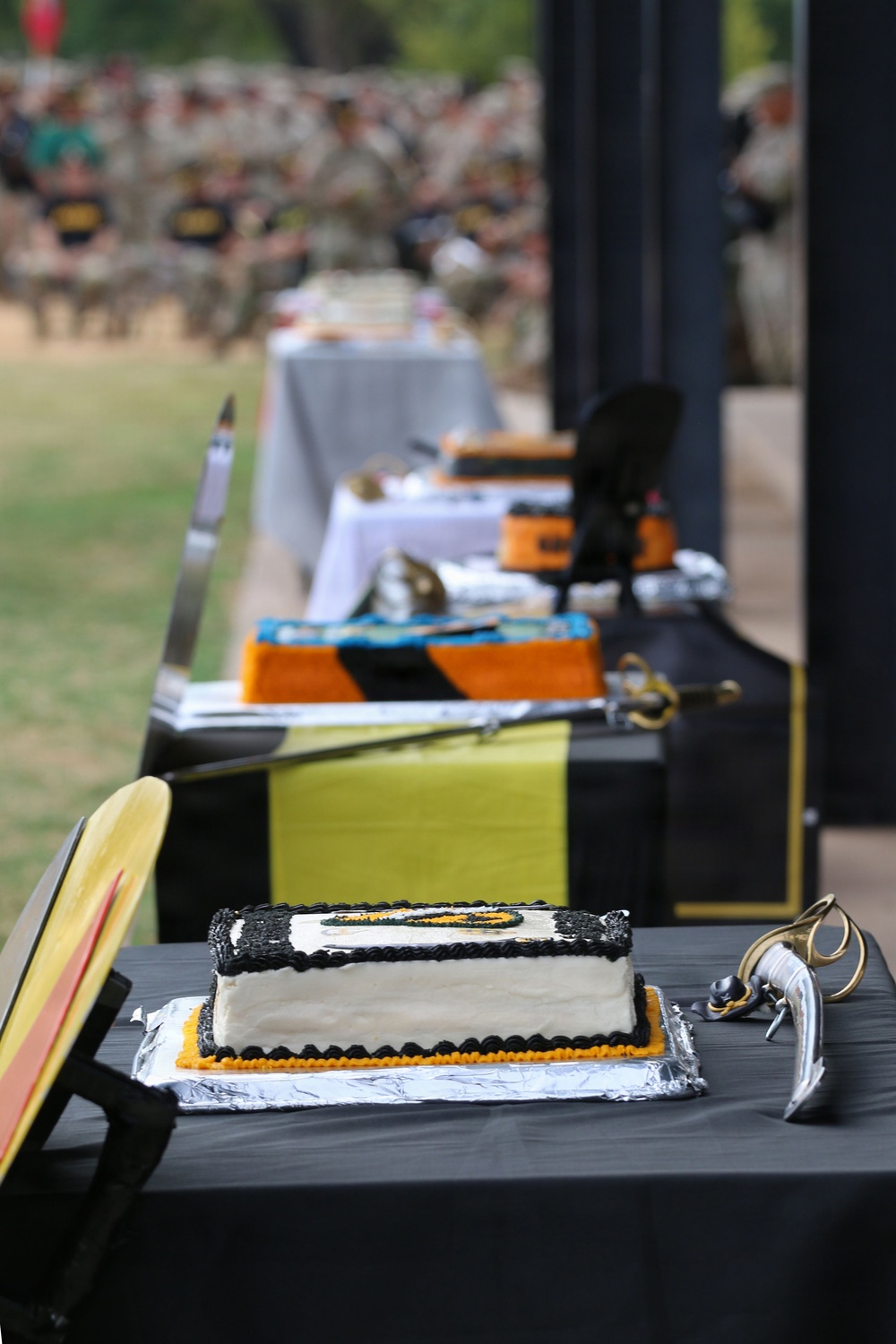 A military ceremony featuring a row of decorated sheet cakes displayed on tables covered with black tablecloths. The cakes are decorated in black, white, and gold/orange colors, consistent with U.S. Army unit colors, and military sabers are placed alongside them. A large crowd of uniformed personnel is visible in the blurred background, suggesting a formal unit or Army birthday celebration.
