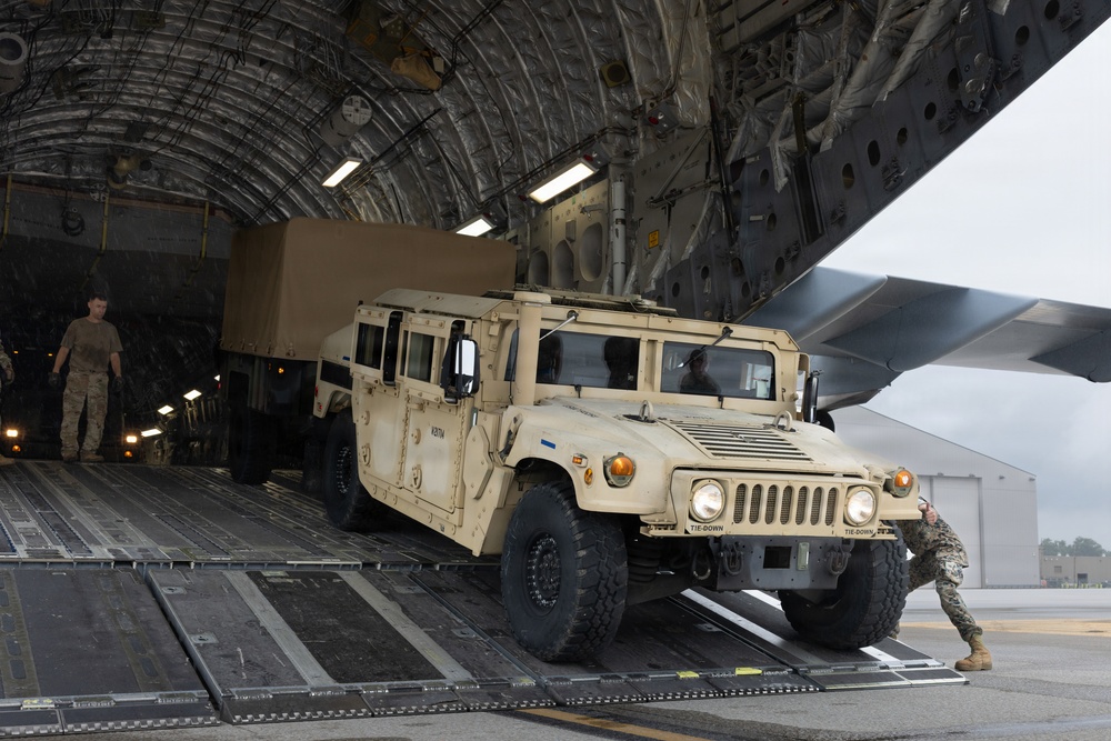 A military HMMWV (Humvee) in desert tan paint is being loaded or unloaded from a large military cargo aircraft, likely a C-17 Globemaster III, via its rear ramp. At least three military personnel in camouflage uniforms are visible assisting with the operation. The setting appears to be a military airfield under overcast skies.