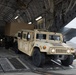 A military HMMWV (Humvee) in desert tan paint is being loaded or unloaded from a large military cargo aircraft, likely a C-17 Globemaster III, via its rear ramp. At least three military personnel in camouflage uniforms are visible assisting with the operation. The setting appears to be a military airfield under overcast skies.