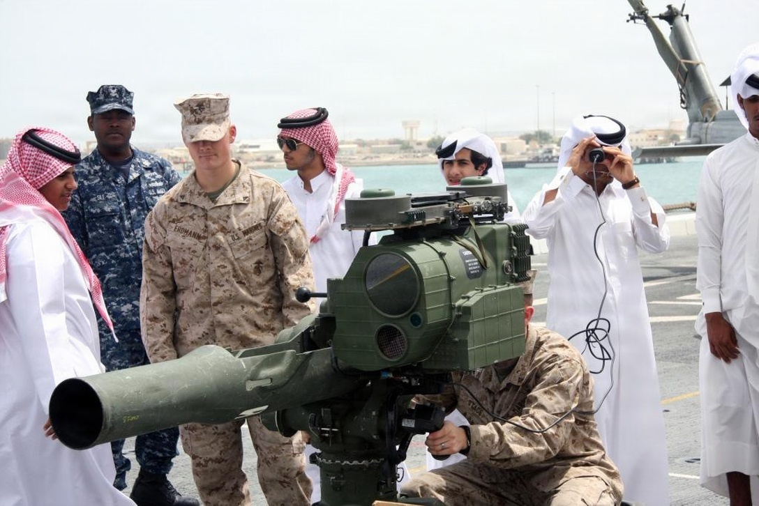 24th Marine Expeditionary Unit Marines and Sailors aboard USS Mesa Verde manned static displays where tour groups could interact with Marines and some of the equipment and weapons they employ.  The tour groups were part of a three day exhibition where vessels from 13 nations gathered at a port in Doha and allowed visitors a look at what it's like to live aboard each of their ships.  USS Mesa Verde (LPD 19), part of the Nassau Amphibious Readiness Group,  joined 12 other warships from around the world at the Doha international port to participate in the Doha International Maritime Defense Exhibition and Conference March 29-31.