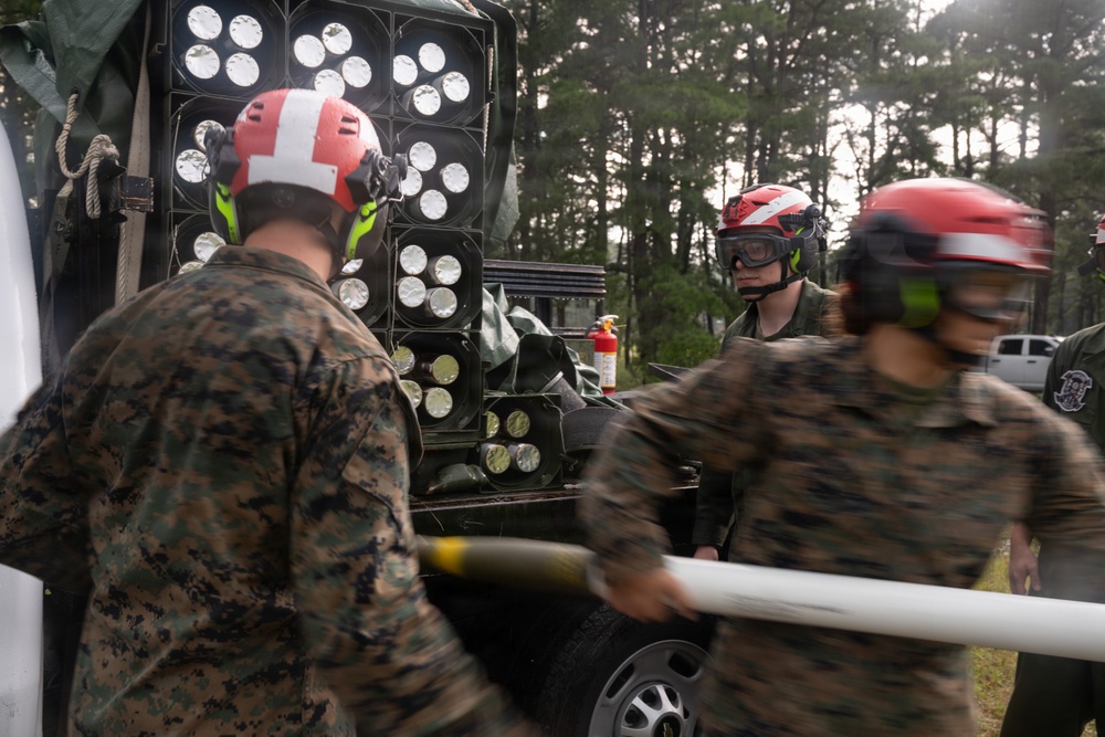Military personnel in camouflage uniforms and red safety helmets are working around what appears to be a rocket artillery system, likely an M270 MLRS or similar multiple launch rocket system mounted on a vehicle. The personnel appear to be conducting loading, maintenance, or operational procedures with the launcher. A fire extinguisher is visible nearby as a safety precaution.