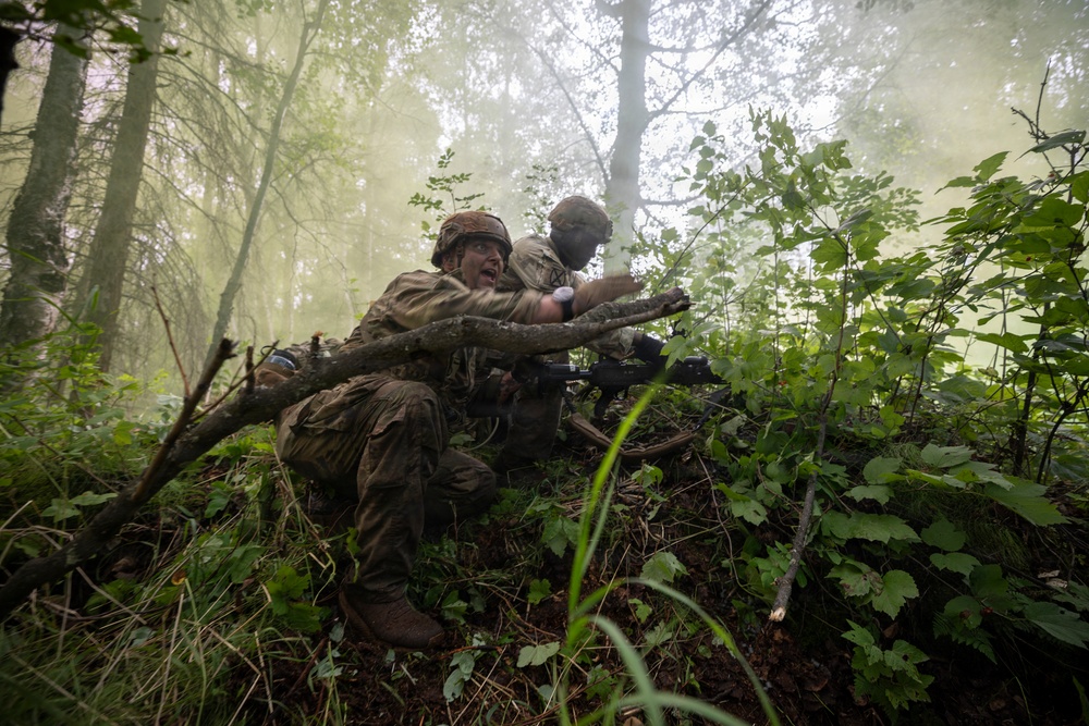 Two soldiers in full combat gear are taking cover behind a fallen tree in a dense forest environment. Colored smoke (appearing greenish-yellow) fills the background, suggesting a training exercise or simulated combat scenario. The foreground soldier appears to be shouting or giving commands while both personnel maintain low tactical positions.