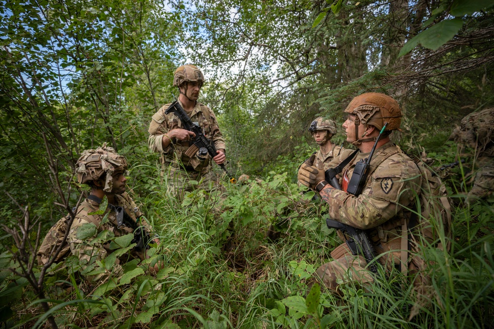 Four military personnel in full combat gear are gathered in a dense woodland area, appearing to conduct a briefing or tactical discussion. They are wearing OCP (Operational Camouflage Pattern) uniforms with helmets and carrying rifles and communication equipment. The setting suggests a field training exercise or operational patrol in a forested environment.