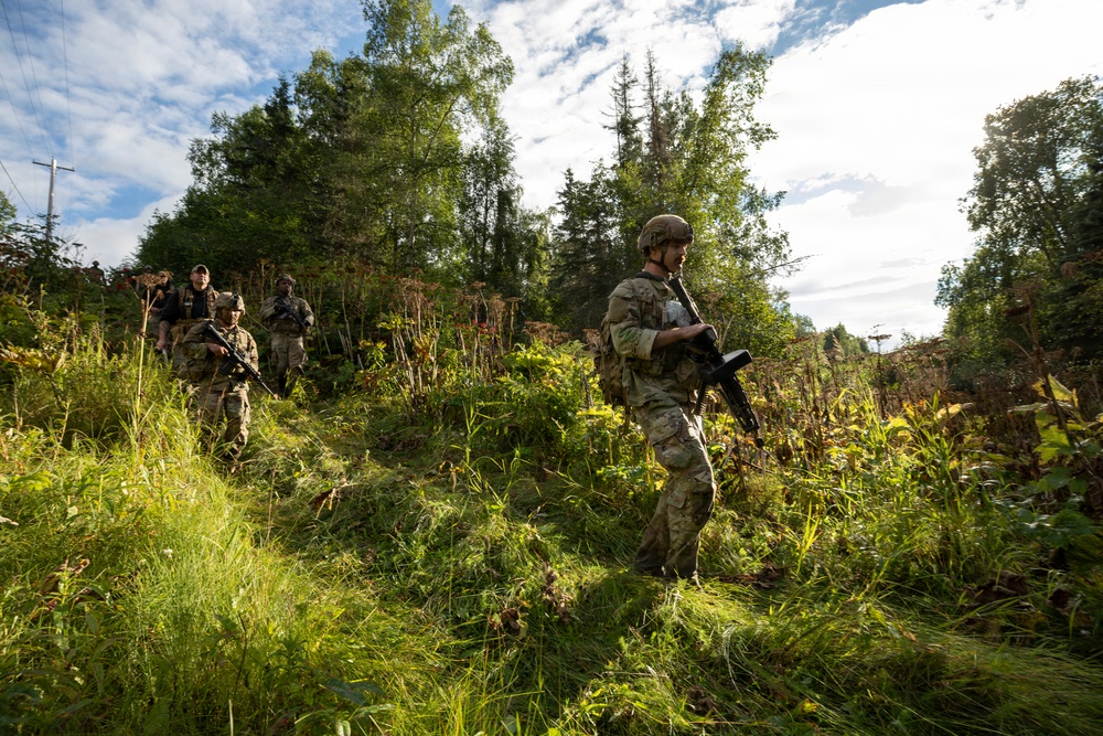A group of military personnel in camouflage uniforms are conducting a patrol through dense, overgrown vegetation and woodland terrain. The soldiers are armed and moving in a loose formation through tall grass and shrubs. The setting appears to be a training exercise or field operation in a temperate forested environment.