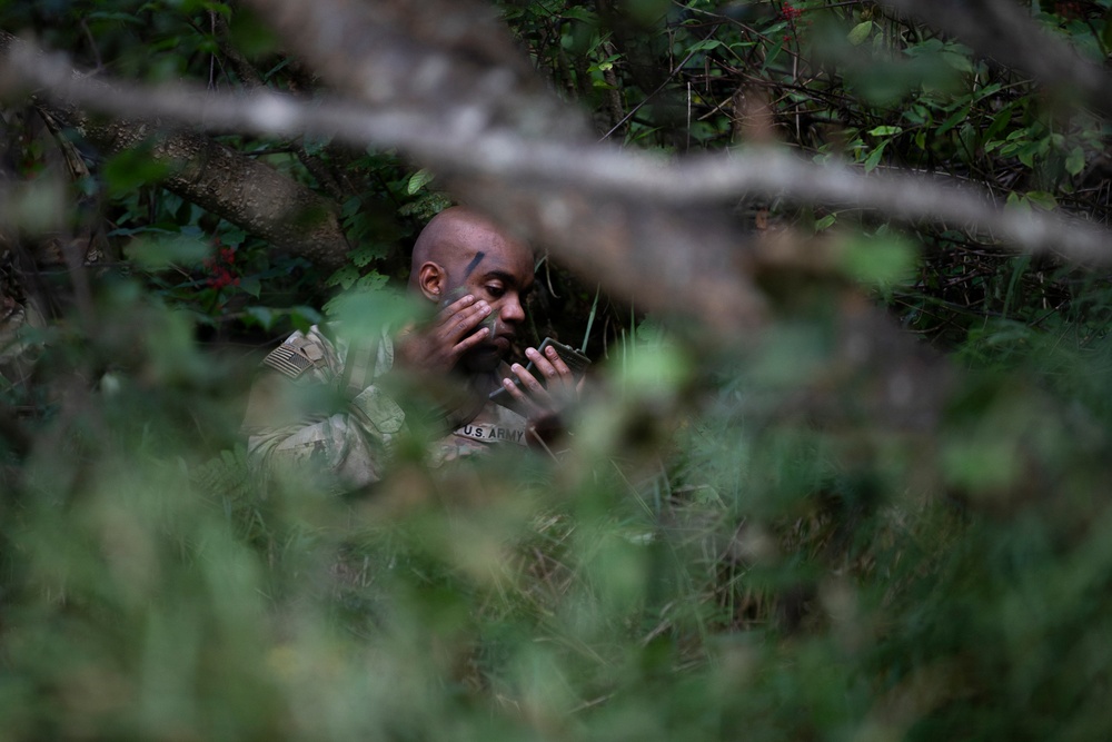 A U.S. Army soldier is photographed through dense foliage applying camouflage face paint while concealed in a wooded area. The soldier appears to be using a small mirror or compact to apply the paint, with green and dark streaks already visible on their face. The image is shot from a distance through branches and leaves, suggesting a field training or tactical exercise.