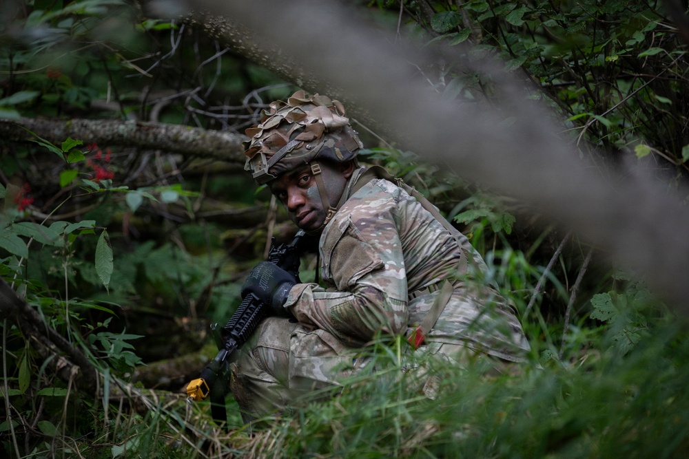 A soldier in full camouflage uniform and helmet is positioned low in dense woodland vegetation, appearing to be in a concealed observation or patrol position. The soldier is wearing face paint and holding a rifle, suggesting a military training exercise or field operation. The surrounding environment is lush green forest with fallen branches and undergrowth providing natural concealment.
