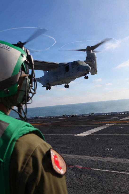 An MV-22 Osprey with Marine Medium Tiltrotor Squadron VMM-261 (Reinforced), 24th Marine Expeditionary Unit, lands aboard the USS Iwo Jima (LHD 7) off the coast of Camp Lejeune, Nov. 30. The 24th MEU is currently taking part in Composite Training Unit Exercise (COMPTUEX), scheduled to take place Nov. 28 to Dec. 21. The training is meant to develop cohesion between the 24th MEU and Amphibious Squadron 8 (PHIBRON-8) in conducting amphibious operations, crisis response, and limited contingency operations while operating from the sea.