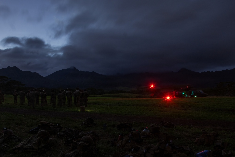 A low-light military field operation captured at dusk or dawn, showing a group of uniformed personnel standing in formation on an open grassy field. A helicopter with active red and green navigation lights is visible in the mid-ground, suggesting a landing zone or staging area. A mountainous terrain with heavy cloud cover forms the backdrop.
