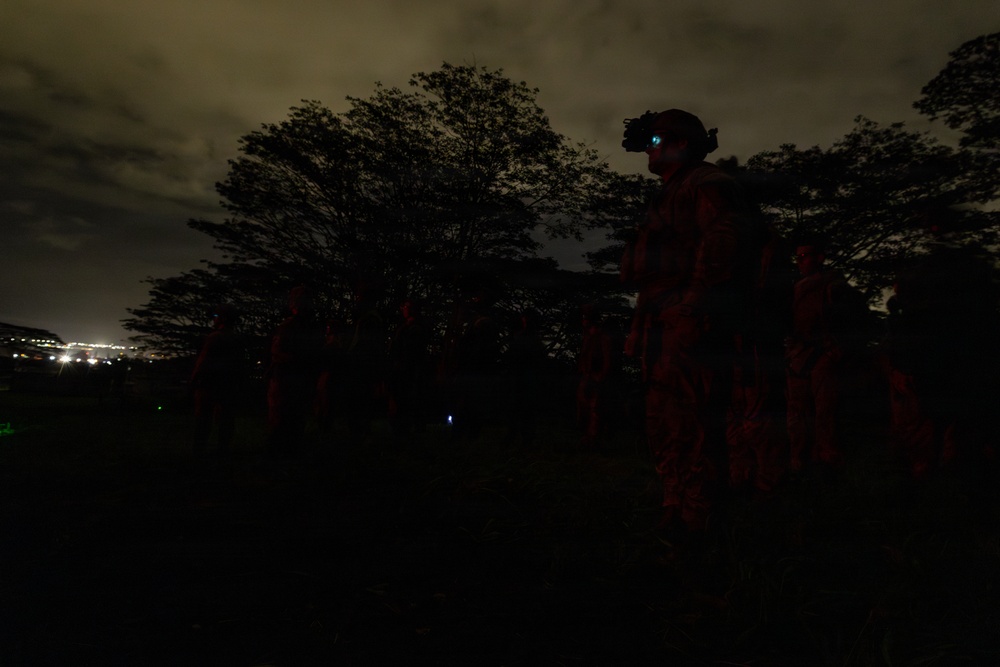 A nighttime military operation scene showing silhouetted personnel in a field or open area near a tree line. The primary figure in the foreground is wearing a helmet equipped with night vision goggles, visible by the faint blue-green glow of the device. City lights are visible in the distant background on the left side of the frame.