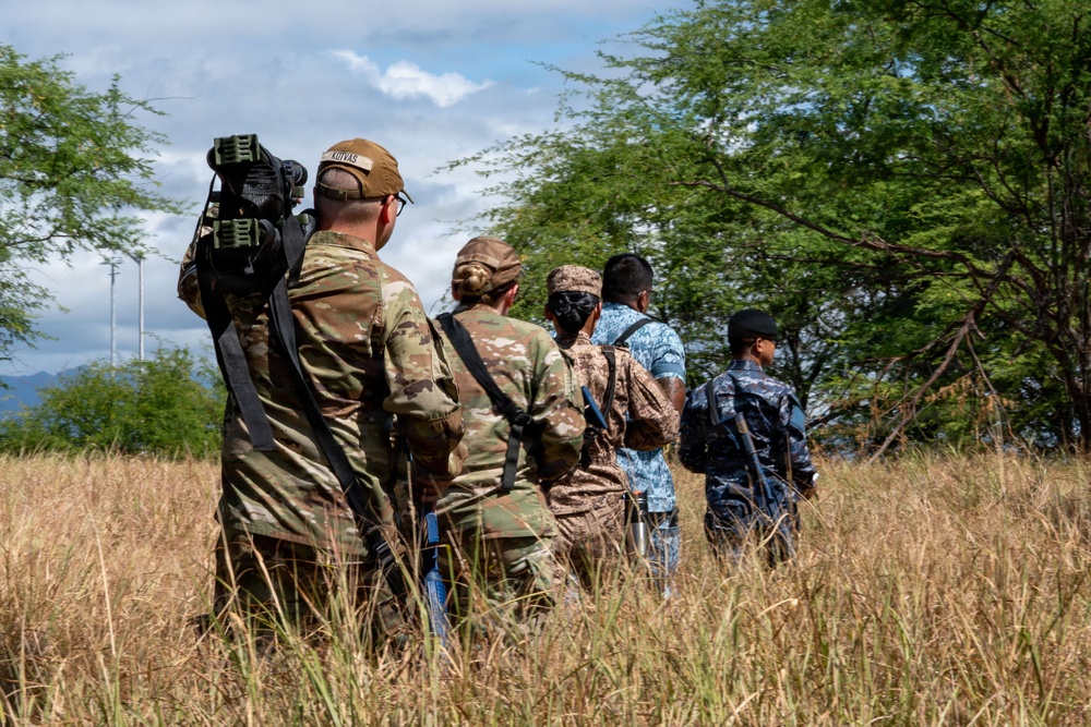 A group of five military personnel in various camouflage uniforms are walking in a single-file line through tall dry grass toward a treeline. At least two distinct camouflage patterns are visible, suggesting a multinational or joint-service exercise. The group is moving away from the camera in an outdoor field environment with scattered trees and a partly cloudy sky.
