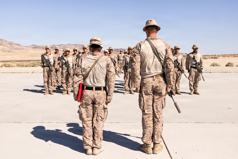 A group of military personnel in desert camouflage uniforms are assembled in formation on a paved surface in an arid desert environment. Two individuals viewed from behind appear to be in leadership or supervisory roles, facing the assembled group. The setting suggests a training exercise, briefing, or formation review at a desert military installation.