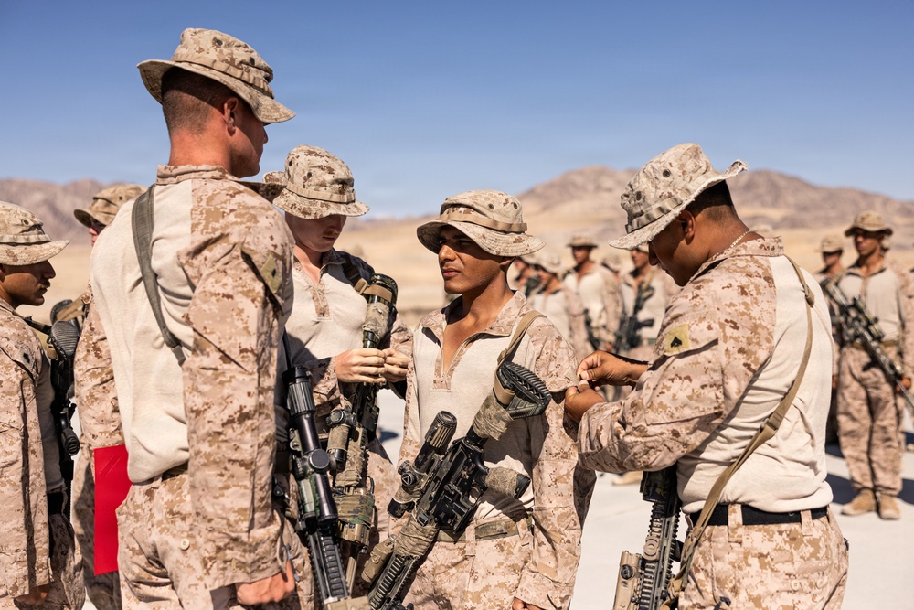 A group of military personnel in desert camouflage uniforms are gathered in an arid, desert environment. Several soldiers in the foreground appear to be engaged in an inspection or equipment check, with one individual examining another's hand or wrist. A larger formation of soldiers is visible in the background against a mountainous desert landscape.
