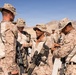 A group of military personnel in desert camouflage uniforms are gathered in an arid, desert environment. Several soldiers in the foreground appear to be engaged in an inspection or equipment check, with one individual examining another's hand or wrist. A larger formation of soldiers is visible in the background against a mountainous desert landscape.