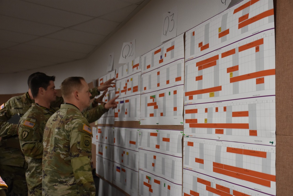 Two U.S. Army soldiers in MultiCam/OCP camouflage uniforms are reviewing large planning charts or scheduling boards mounted on a wall. The boards appear to be quarterly training or operational schedules labeled 'Q2' and 'Q3', featuring color-coded Gantt-style charts with orange, gray, and other colored bars. One soldier is pointing at specific elements on the charts while the other observes.