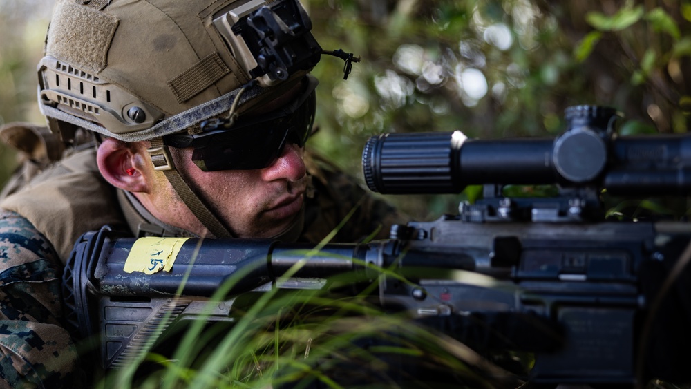 A U.S. Marine in full tactical gear is positioned low in vegetation, aiming down the scope of an assault rifle. The soldier is wearing a tan tactical helmet with night vision device mount, dark ballistic sunglasses, and MARPAT camouflage uniform. A yellow training/safety tag is visible on the weapon, suggesting this may be a training exercise.