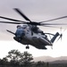 A large military helicopter, identifiable as a CH-53E Super Stallion marked with the number '17', is captured in low hover or landing approach over a fenced area. The aircraft displays motion blur on its main rotor blades and tail rotor, indicating active flight. The background features mountainous terrain, dense tree line, and an overcast sky.