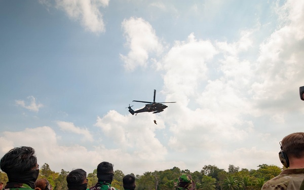 A group of military personnel from at least two different nations are observing a helicopter hoist or rappel operation in an open field. A dark military helicopter, likely a UH-60 Black Hawk, is hovering at altitude with a person suspended beneath it. The scene appears to be a joint military training exercise conducted in a tropical environment.
