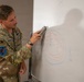 A U.S. Air Force service member in OCP (Operational Camouflage Pattern) uniform is presenting at a whiteboard, holding an eraser. The whiteboard displays concentric circles drawn in red and blue marker, suggesting a tactical or operational briefing diagram. The individual appears to be in a classroom or briefing room setting.
