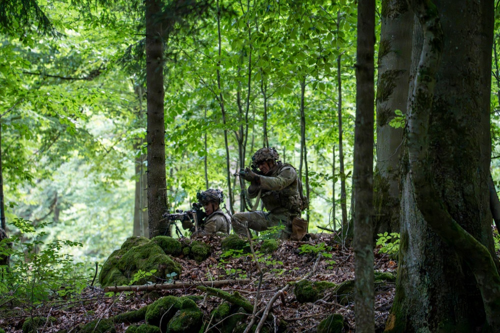 Two soldiers in full camouflage combat gear are positioned on a moss-covered rocky outcrop in a dense deciduous forest. They appear to be in a tactical defensive or observation posture, with weapons raised and aimed forward. The lush green foliage and dappled lighting suggest a temperate forest environment, likely during a military training exercise.