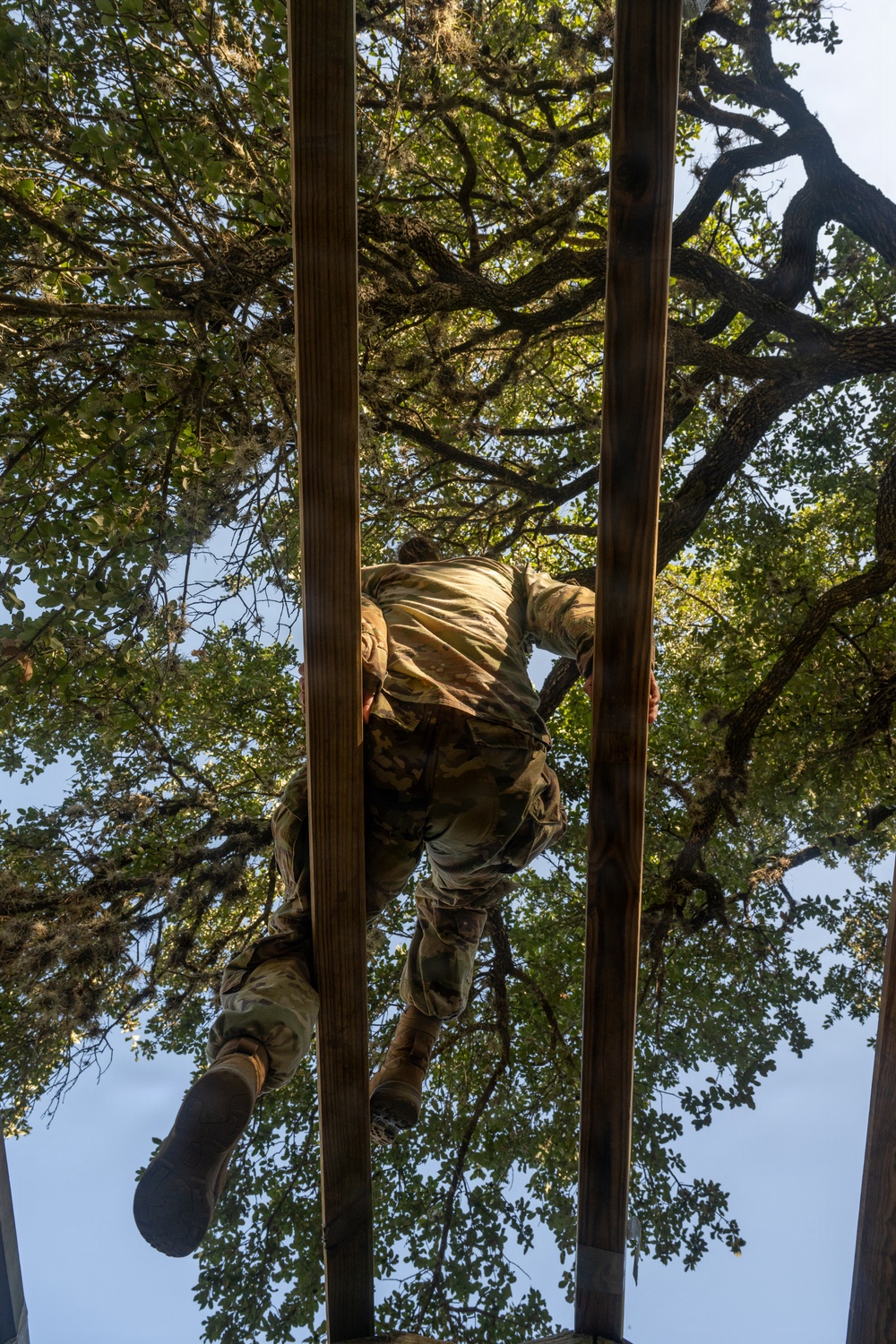 A low-angle upward shot captures a person in military camouflage uniform climbing vertical wooden poles or beams, photographed from directly below. The perspective looks straight up through the structure toward a canopy of large deciduous trees and a blue sky. The image appears to document a military or obstacle course training exercise.