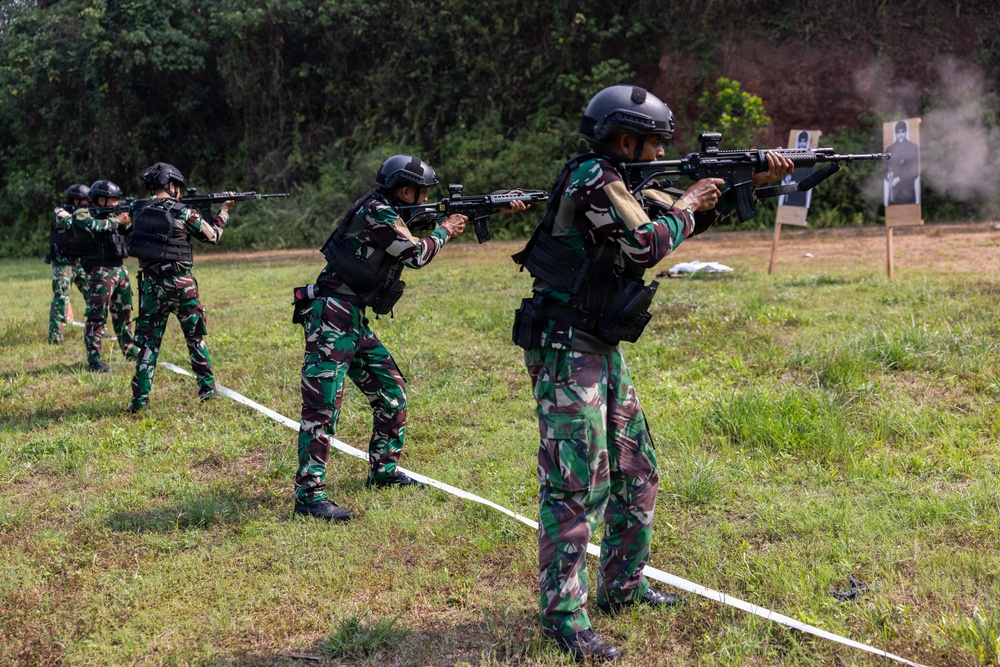 A group of military or law enforcement personnel in camouflage uniforms and black tactical gear are conducting a live-fire shooting exercise on an outdoor range. Multiple shooters are aligned in a row, aiming rifles at paper human-silhouette targets mounted on wooden stands. Smoke is visible near the targets, indicating active firing.