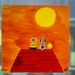 A painted artwork displayed in what appears to be a gallery or exhibition setting, depicting Peanuts characters Charlie Brown, Snoopy, and Woodstock sitting on top of Snoopy's red doghouse against a vivid orange sunset sky with a large yellow sun. The painting is signed 'Vismary' on the lower left and has an additional signature on the lower right. A label placard is visible below the artwork.