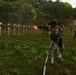 A military or law enforcement training exercise is taking place on an outdoor shooting range at dusk or low-light conditions. A shooter in camouflage gear is moving along a marked lane while firing at a row of paper silhouette targets, with visible muzzle flash captured by the camera. Several other personnel in tactical gear are observing or waiting their turn on the right side of the frame.