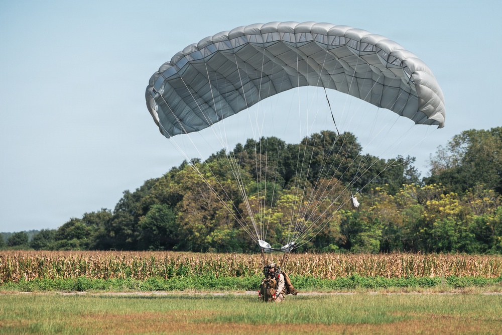 A military parachutist is landing in an open grassy field adjacent to a cornfield, with a large gray ram-air parachute fully deployed overhead. The jumper appears to be in the final stage of landing, crouched low near the ground. The setting appears to be a rural drop zone during daylight hours with clear skies.