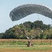 A military parachutist is landing in an open grassy field adjacent to a cornfield, with a large gray ram-air parachute fully deployed overhead. The jumper appears to be in the final stage of landing, crouched low near the ground. The setting appears to be a rural drop zone during daylight hours with clear skies.