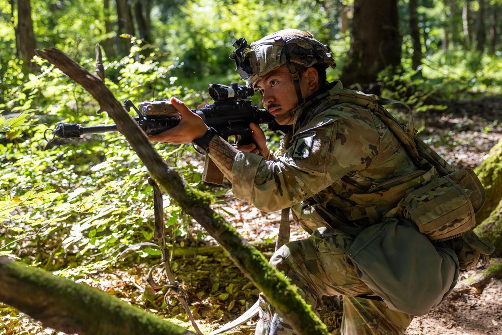 A soldier in full combat gear is crouched in a wooded forest environment, aiming a rifle with an optical scope over a fallen moss-covered log. The soldier is wearing MultiCam/OCP camouflage uniform, a tactical helmet with mounted device, and a full load-bearing vest with equipment. The image appears to depict a military training exercise or field operation in a temperate forest setting.