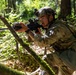 A soldier in full combat gear is crouched in a wooded forest environment, aiming a rifle with an optical scope over a fallen moss-covered log. The soldier is wearing MultiCam/OCP camouflage uniform, a tactical helmet with mounted device, and a full load-bearing vest with equipment. The image appears to depict a military training exercise or field operation in a temperate forest setting.