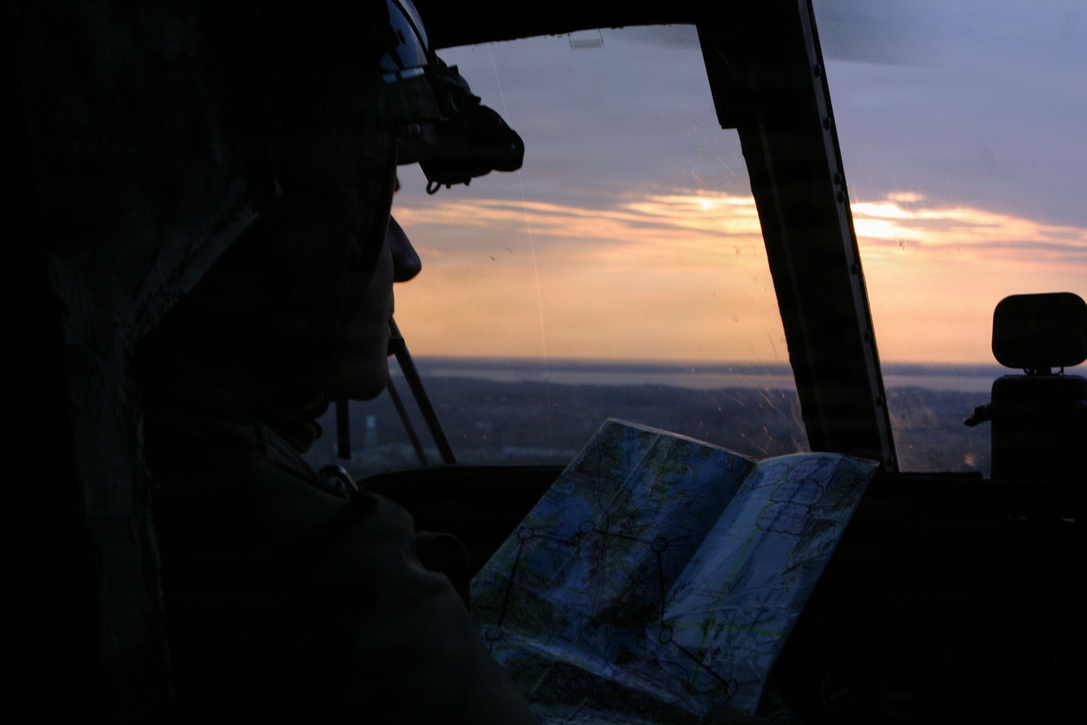 Capt. Jess K. Springfield, Marine Medium Helicopter Squadron 365 (Reinforced) pilot training officer and raid pilot, navigates towards a landing zone during a raid exercise March 1.  As the Aviation Combat Element of the 24th Marine Expeditionary Unit, HMM-365 (Rein.) performed the raid along with Marines from Alpha Company, Battalion Landing Team 1st Battalion, 8th Marine Regiment during their Training in an Urban Environment exercise held in the Hampton Roads, Va., area.