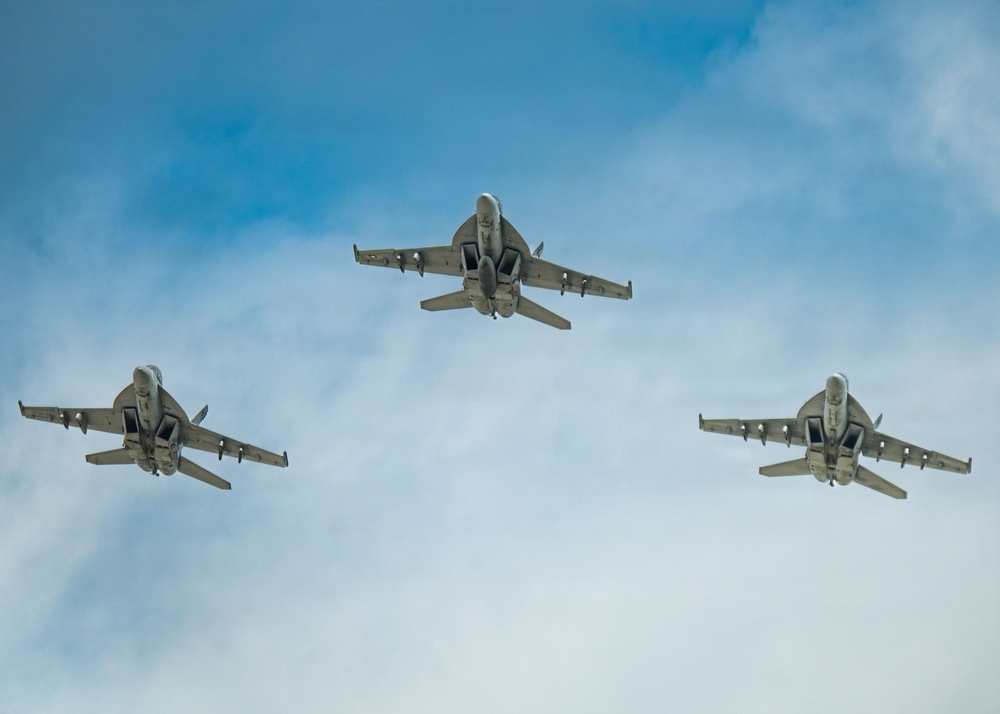 Three military jet aircraft are flying in a triangular formation against a partly cloudy blue sky. The aircraft are viewed from below, revealing their undersides, wing configurations, and hardpoints with mounted equipment. The formation appears to be a standard echelon or delta flight pattern consistent with military aviation operations.