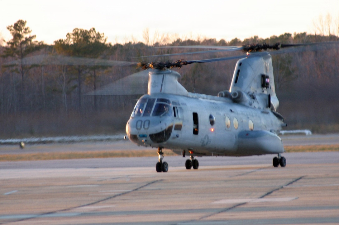 A CH-46E Sea Knight with Marine Medium Helicopter Squadron 365 (Reinforced) lands aboard Naval Air Station Oceana on Feb. 24.  Marines and Sailors with HMM-365 will participate in a Training in an Urban Environment Exercise that will include scenario training events such as simulated casualty evacuations.